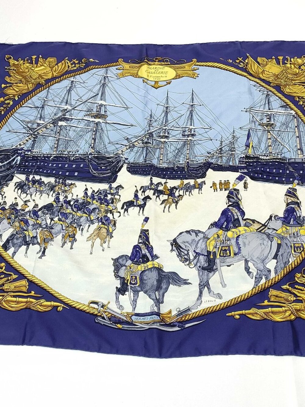 Hermès Paris "Marine Cavalerie" Silk Scarf Philippe Ledoux 1975 Blue Gold Vintag